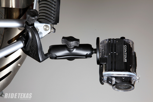 Versatile clamps will allow you to get creative with the camera placement and shooting angle. This camera is mounted near the rear foot peg.